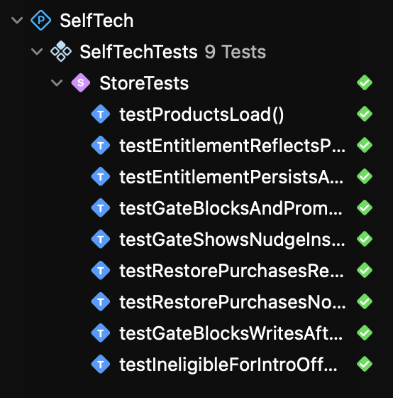 StoreKit test suite passing, SelfTech app